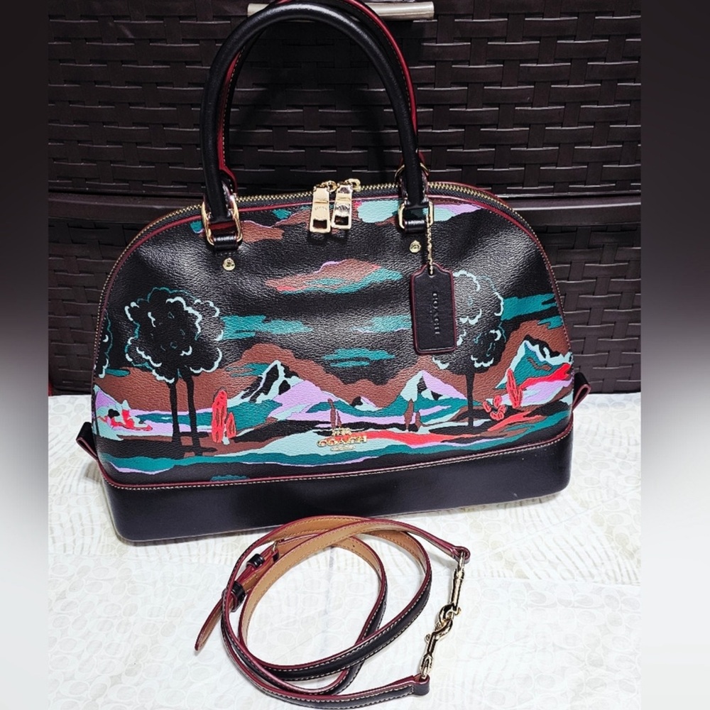Coach Sierra Landscape Art Satchel F11903 Coated Canvas Black Red Gold RARE